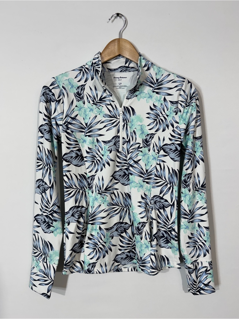 WAT28 {Tommy Bahama} White Blue Long Sleeve Mock Neck Quarter Zip Pullover